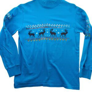Small Single Stitch T-shirt Vtg Hanes Blue Long Sleeve Reindeer 100% Cotton USA
